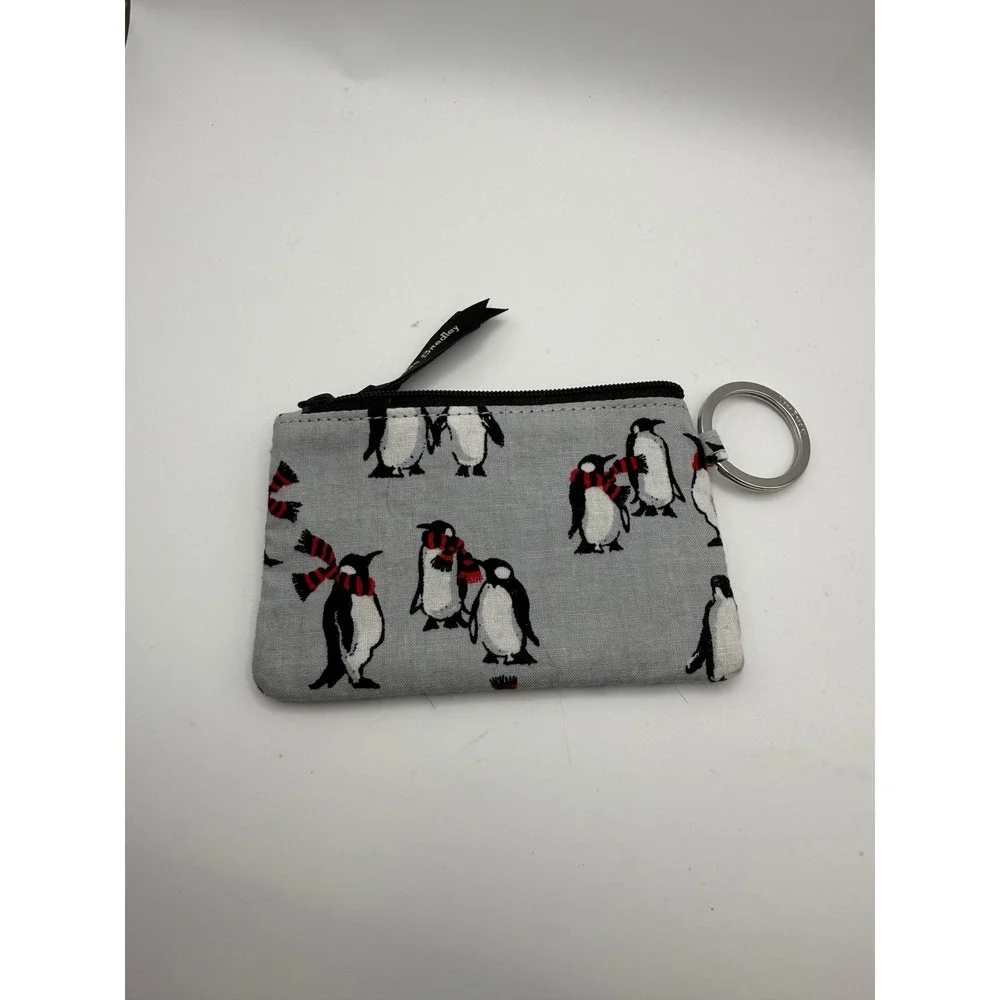 Vera Bradley ID Case Wallet Women OS Gray Penguin Print Zip Coin Purse Key Ring